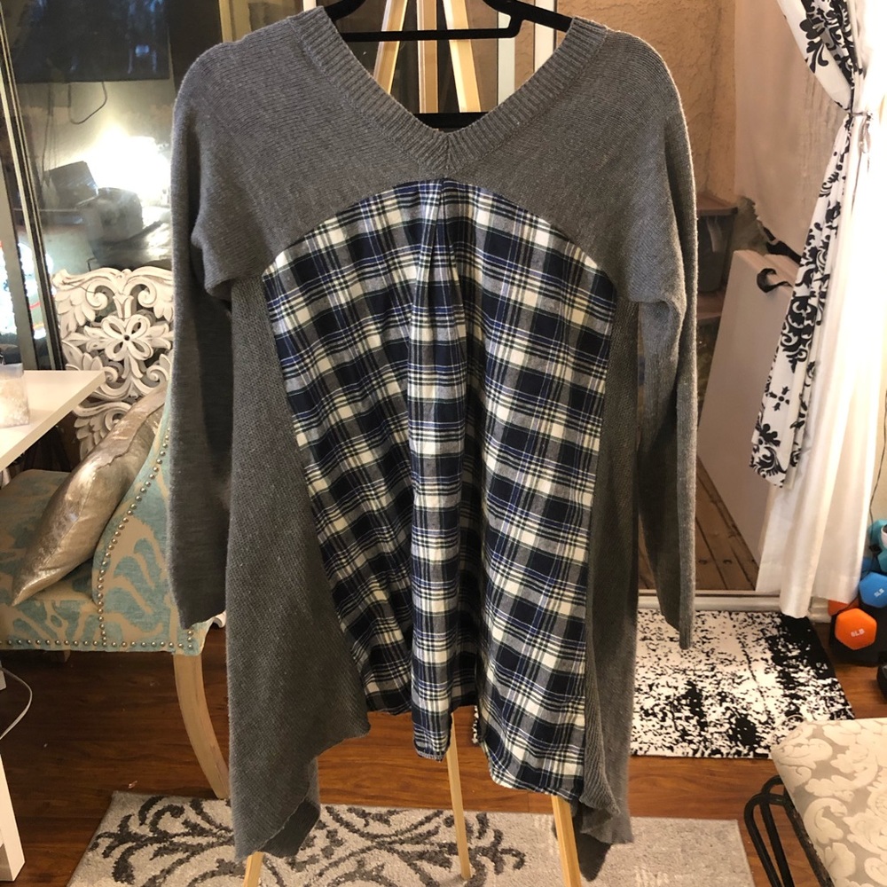 Grey and blue flannel sweater